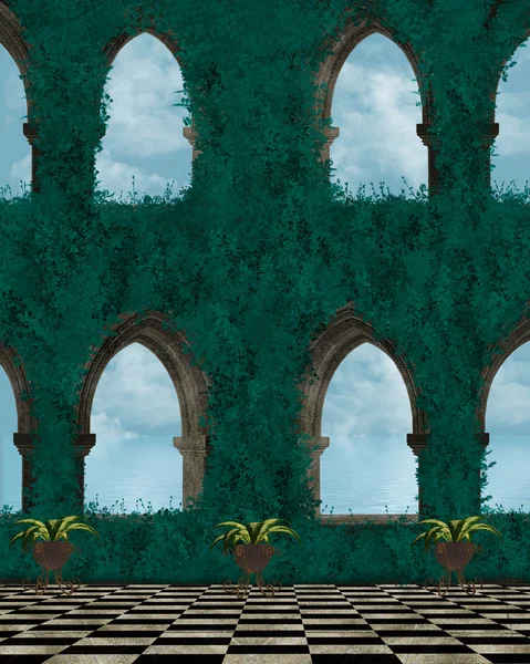 Gammal ruin med gröna vinrankor bakgrund — Stockfoto