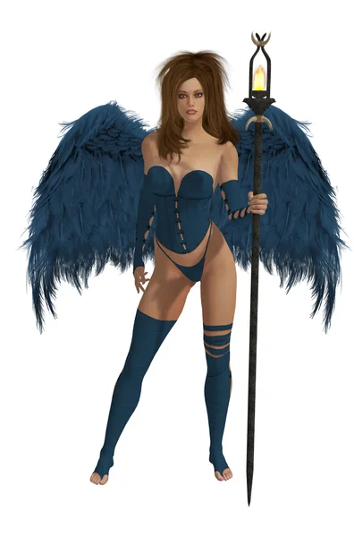 ブルネットの髪と青い翼の天使 — ストック写真