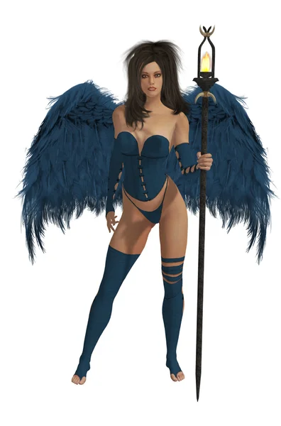 Modré okřídleného anděla s tmavými vlasy — Stock fotografie