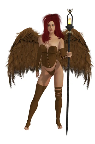 Коричневый крылатый ангел с красным хайром — стоковое фото