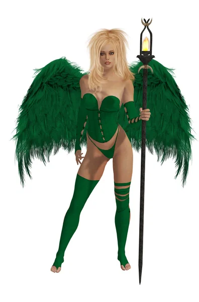 Zielony anioł skrzydlaty z blond włosami — Zdjęcie stockowe