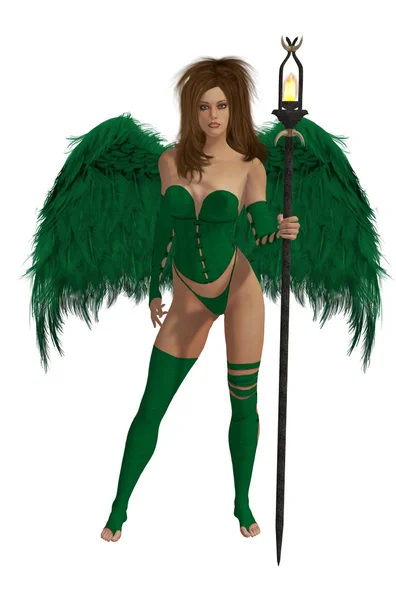 Зеленый крылатый ангел с брюнеткой Хайр — стоковое фото