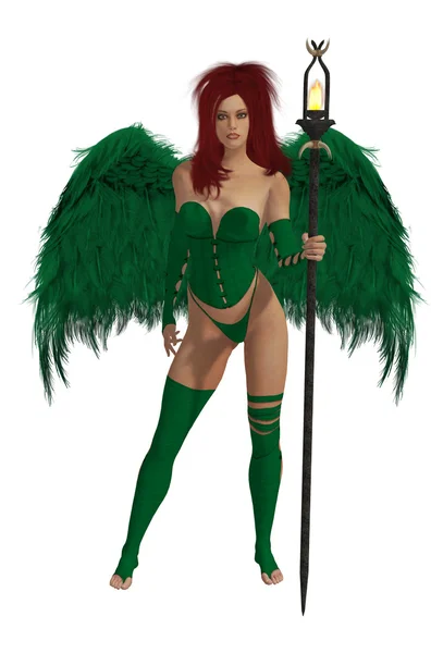 Zielony anioł skrzydlaty z Rude włosy — Zdjęcie stockowe