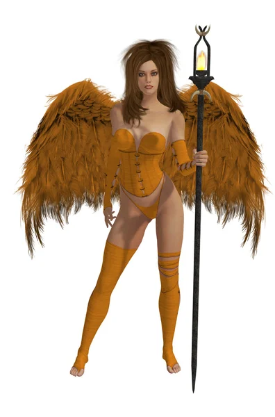 ブルネットの髪のオレンジ色の翼の天使 — ストック写真