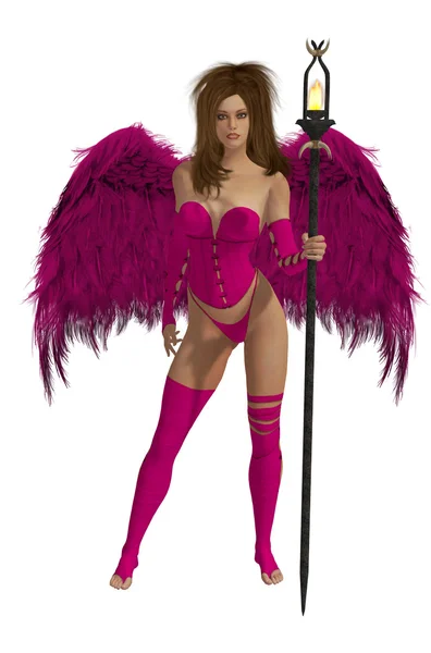 布鲁内特的头发粉红色带翼的天使 — 图库照片