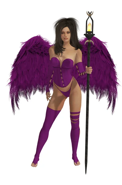 深色头发的紫色带翼的天使 — 图库照片