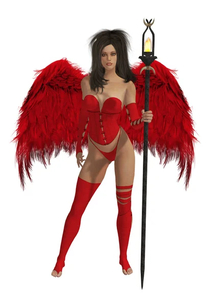 Czerwony anioł skrzydlaty o ciemnych włosach — Zdjęcie stockowe