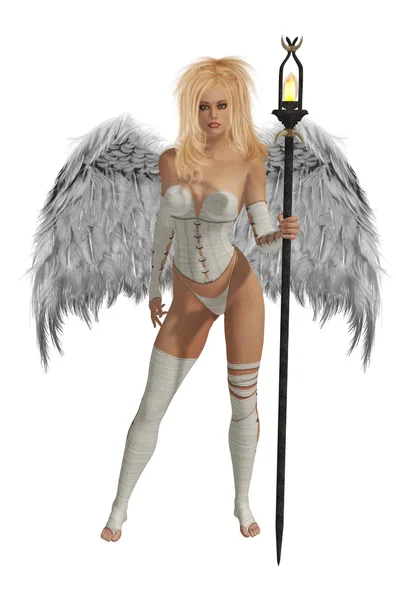 Белый крылатый ангел с блондинкой Хайр — стоковое фото