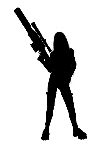 Holding a fegyvert sziluettje nő — Stock Fotó