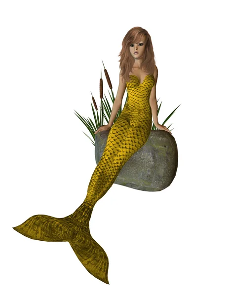 Gold Mermaid Sitting On A Rock — Stock Photo, Image