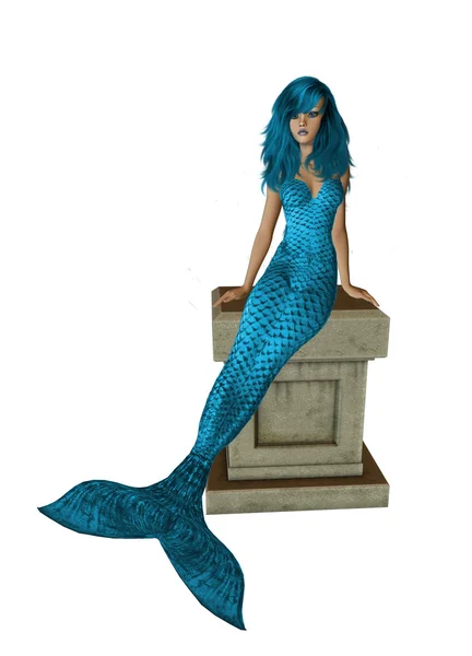 Baby blue mermaid siedzi na piedestale — Zdjęcie stockowe