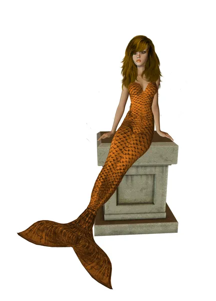 Turuncu mermaid bir kaide üzerinde oturan — Stok fotoğraf