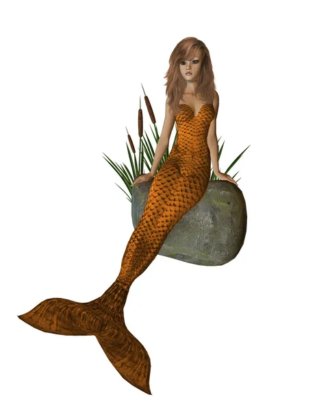 Kayanın üzerinde oturan turuncu deniz kızı — Stok fotoğraf