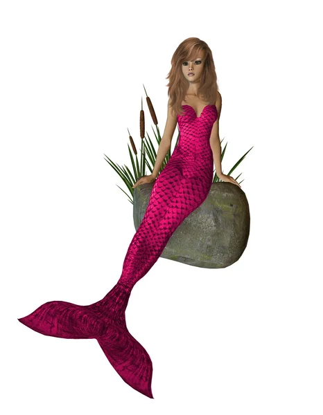 Pink Mermaid Sitting On A Rock — Stock Photo, Image