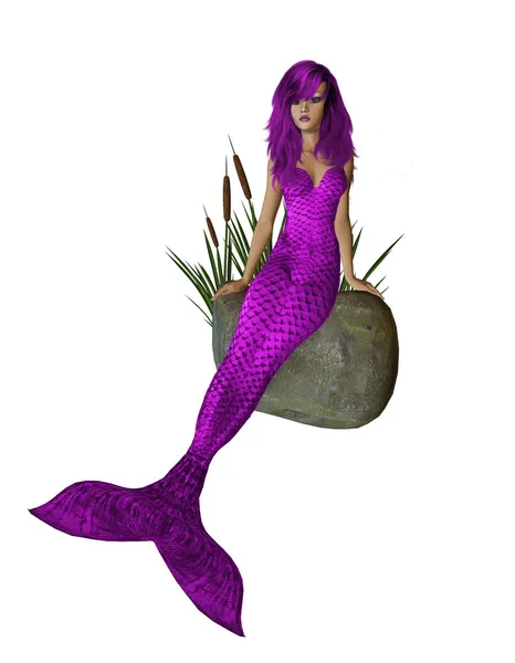 Purple Mermaid Sitting On A Rock — Stock Photo, Image