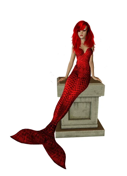 Rode zeemeermin zittend op een voetstuk — Stockfoto