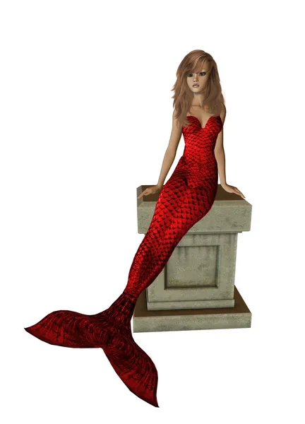 Rode zeemeermin zittend op een voetstuk — Stockfoto