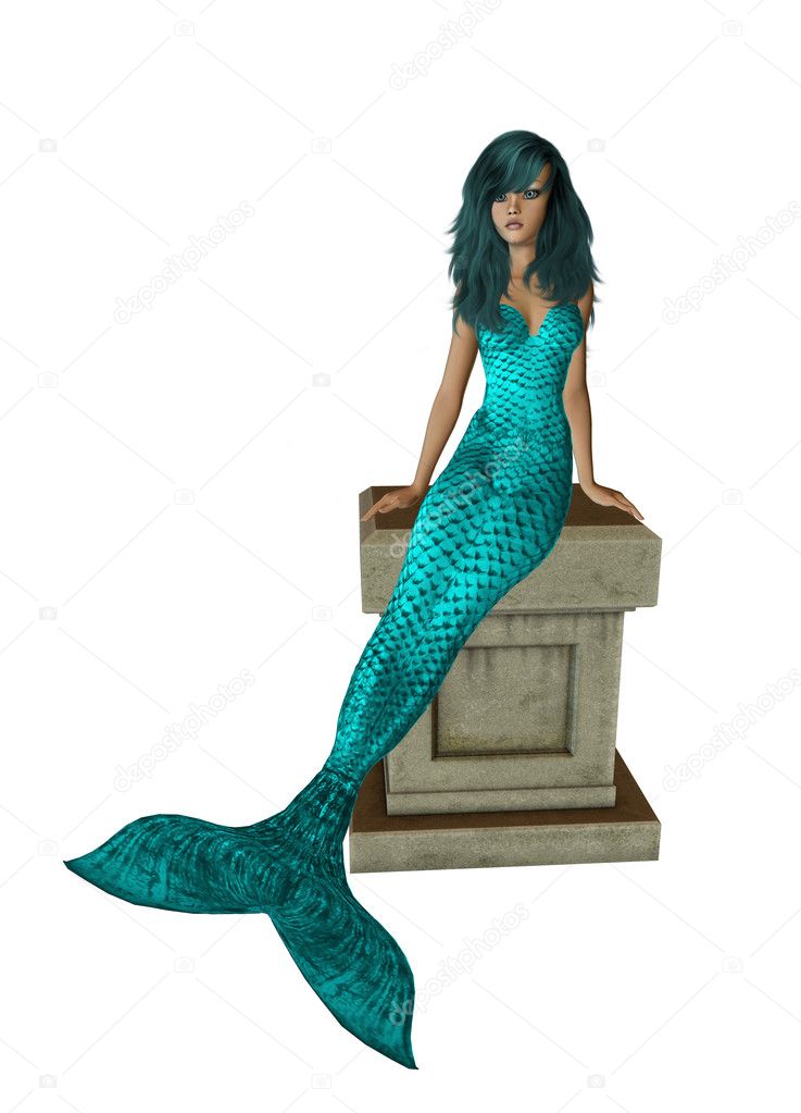 Aqua Mermaid Sitting On A Pedestal