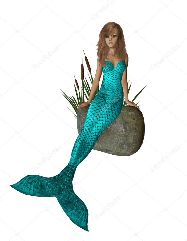 Aqua Mermaid Sitting On A Rock