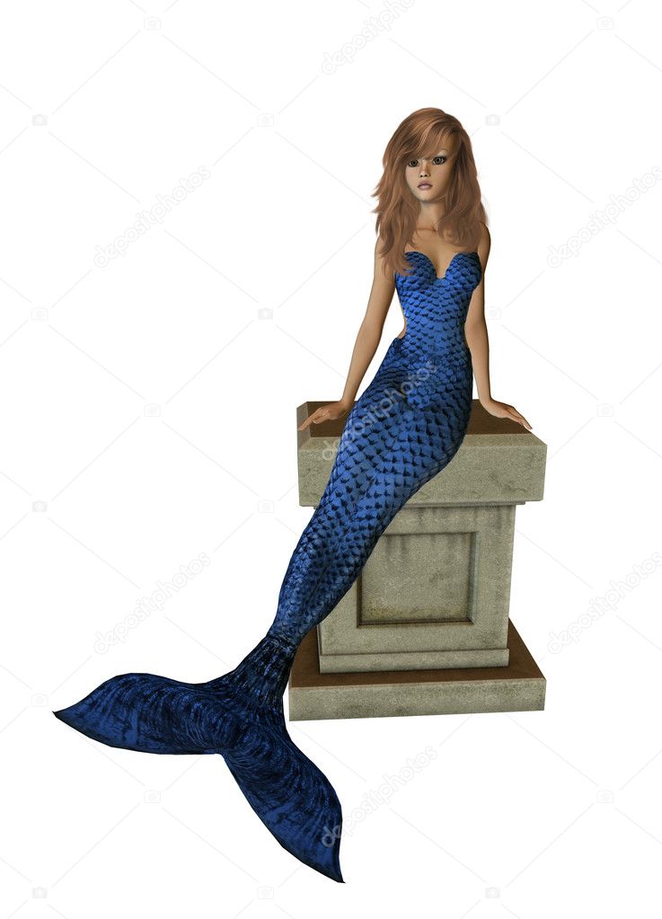Blue Mermaid Sitting On A Pedestal