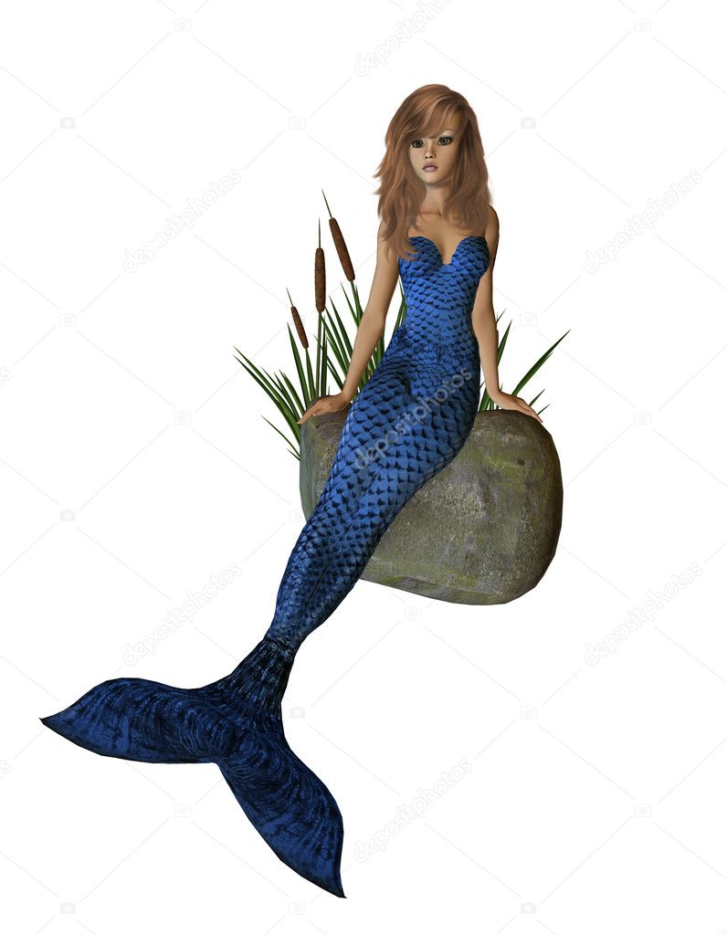 Blue Mermaid Sitting On A Rock