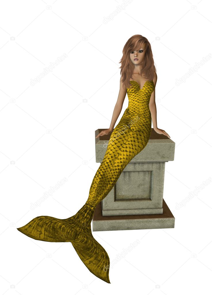 Gold Mermaid Sitting On A Pedestal
