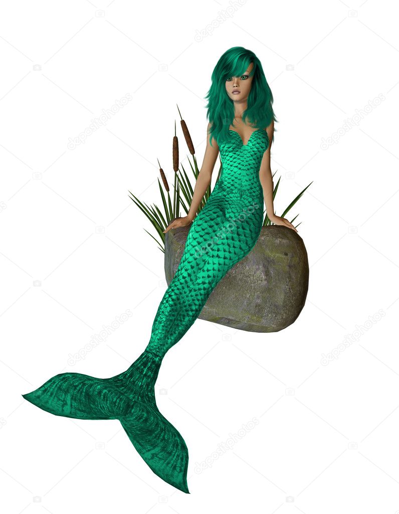Green Mermaid Sitting On A Rock