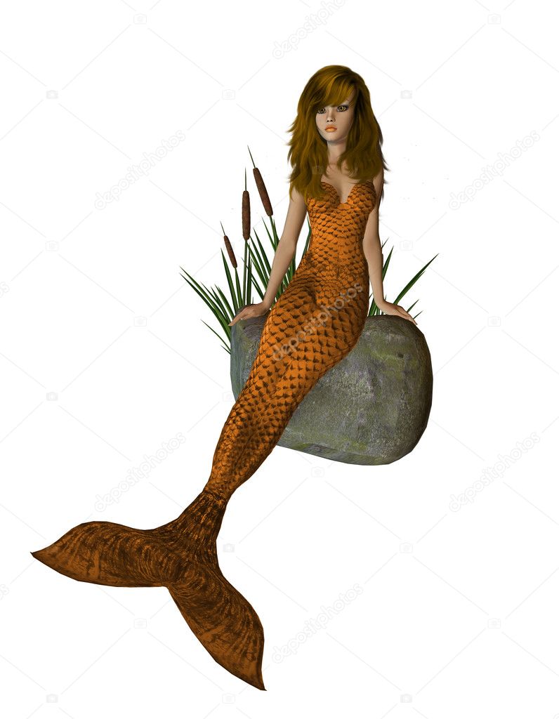 Orange Mermaid Sitting On A Rock