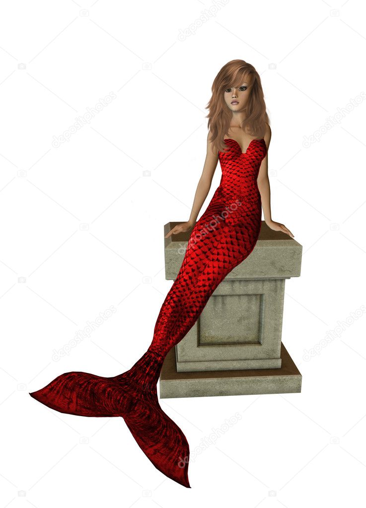 Red Mermaid Sitting On A Pedestal