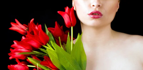 Червоні губи і тюльпани Стокове Зображення