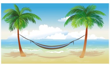 Hammock and palm trees on beach clipart