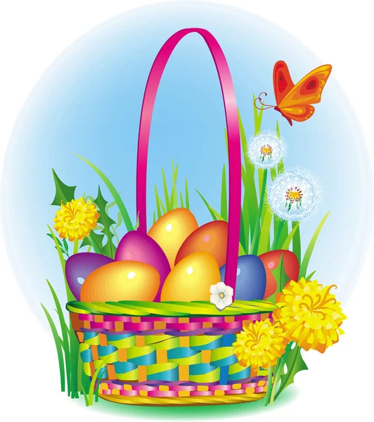 Hasır sepet içinde renkli Paskalya yumurtaları — Stok Vektör