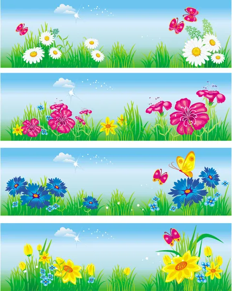 Bannières avec des fleurs dans la prairie — Image vectorielle
