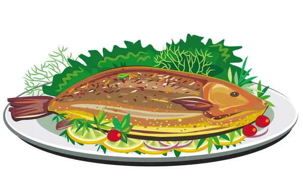 Pesce arrosto sul piatto — Vettoriale Stock