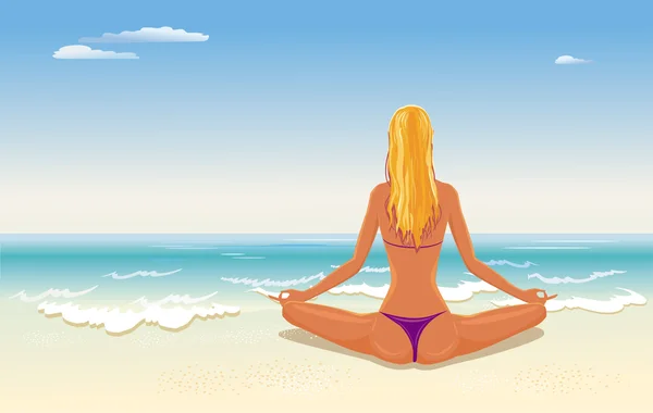Dziewczyna medytuje na plaży — Wektor stockowy
