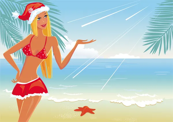 圣诞老人的帽子在海滩上的女孩 — 图库矢量图片