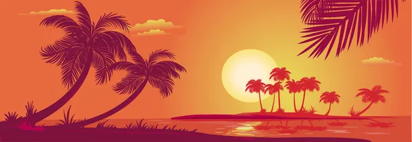 Pôr do sol com palmas no mar — Vetor de Stock