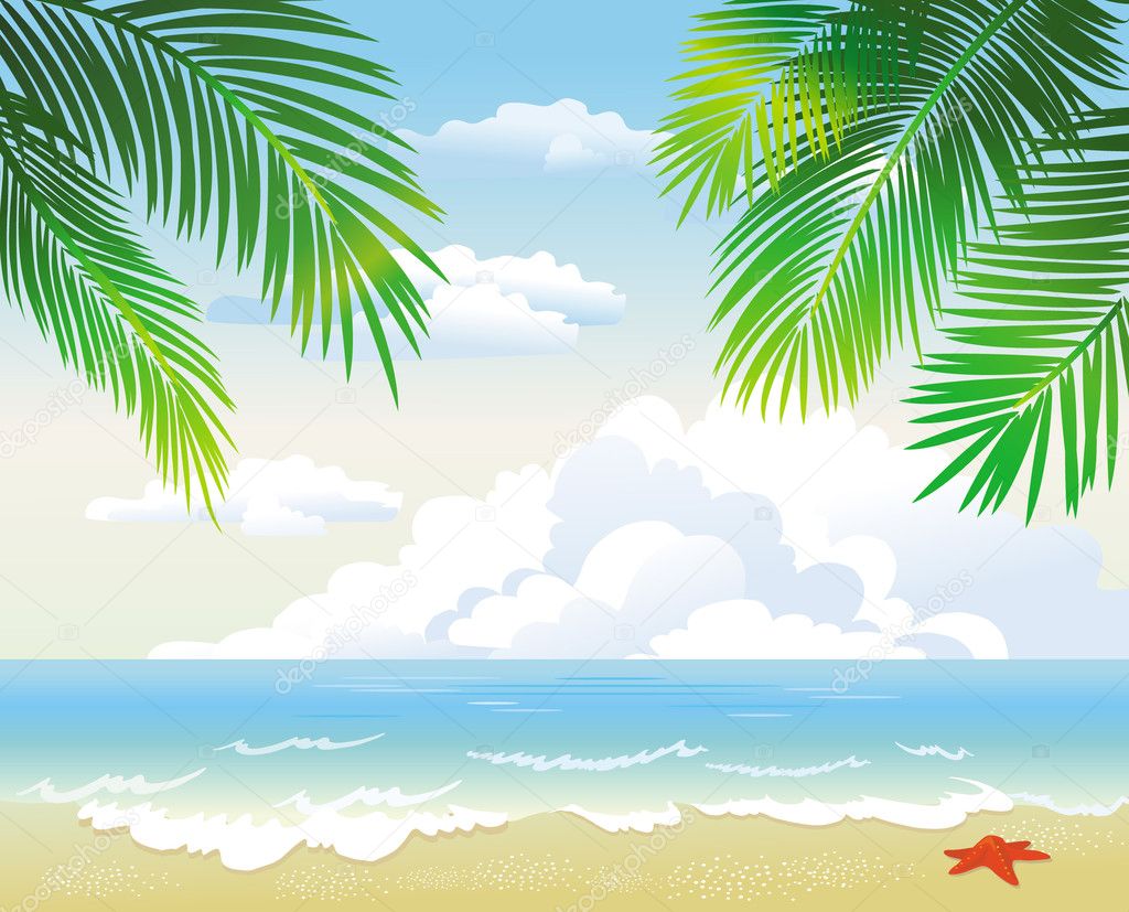 Tropical beach with palm leaf