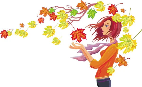 Menina com folhas de outono —  Vetores de Stock