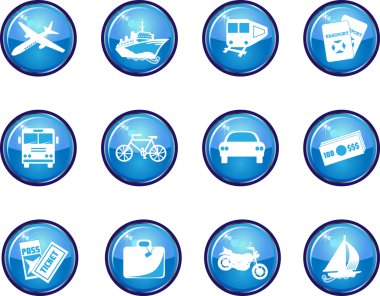 Twelve Glossy Vector Travel Icons. clipart