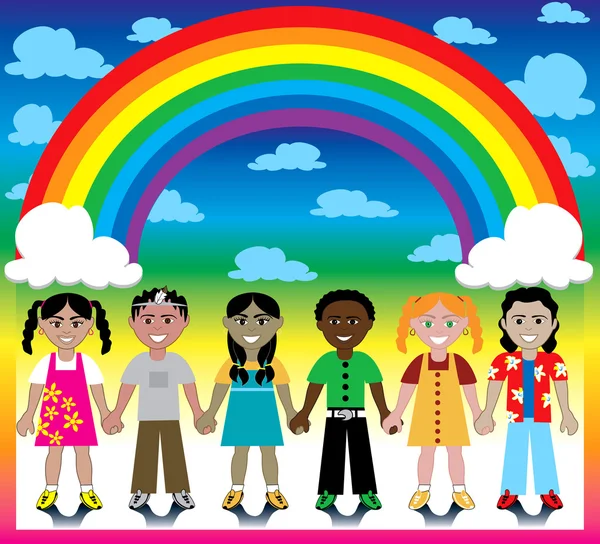 Fondo de arco iris con niños — Vector de stock