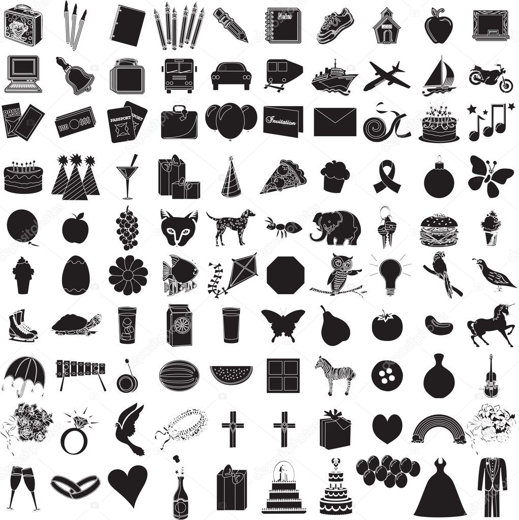 Vector Illustration of 100 Icon Objects with outlines. Everything from holi