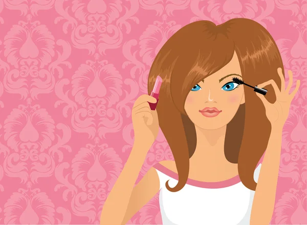 Chica aplicando maquillaje — Vector de stock
