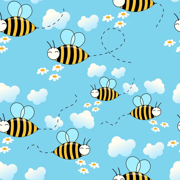 Seamless cute flying bees background — Stock Vector