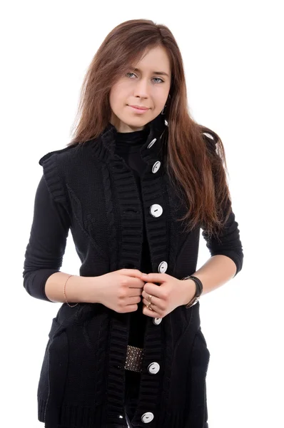 Portret van een sexy jonge vrouw in truien op geïsoleerde achtergrond Stockfoto