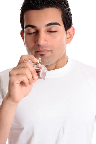 Man customer smelling perfume cologne — Stock Photo, Image