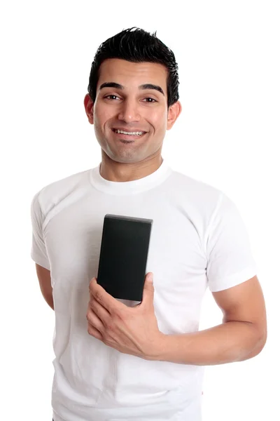 Usmívající se muž, který držel prodejní verzi produktu — Stock fotografie