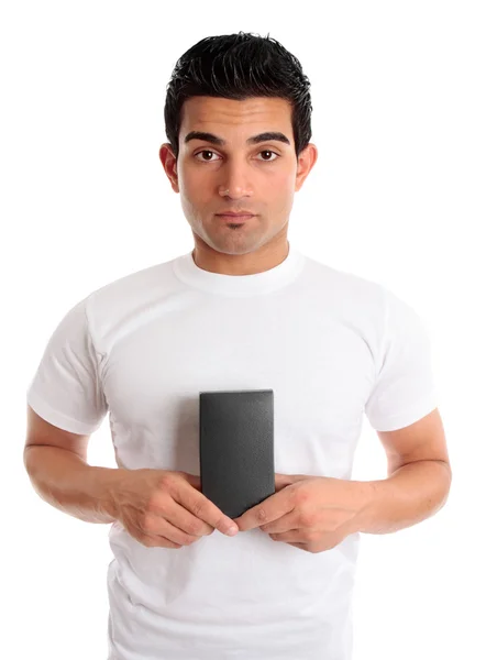 Man holding your retail product Stock Photo