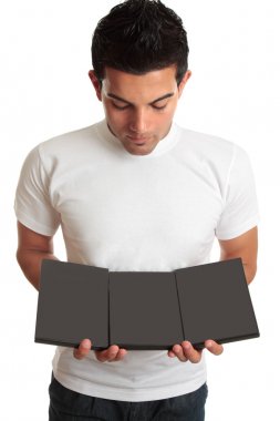 Man showing set collection of DVDs clipart