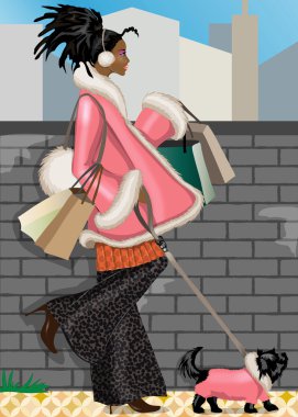 shopping girl with her dog clipart